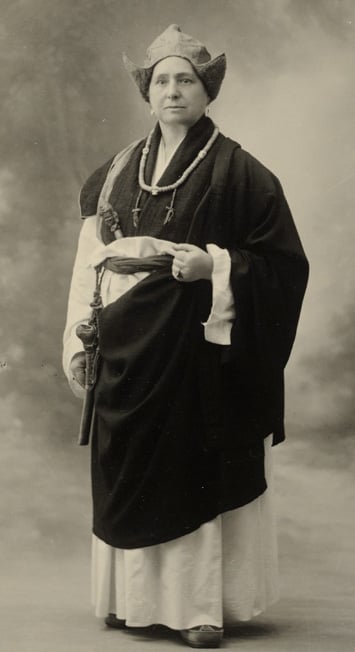 A photograph of Alexandra David-Néel wearing Tibetan attire.