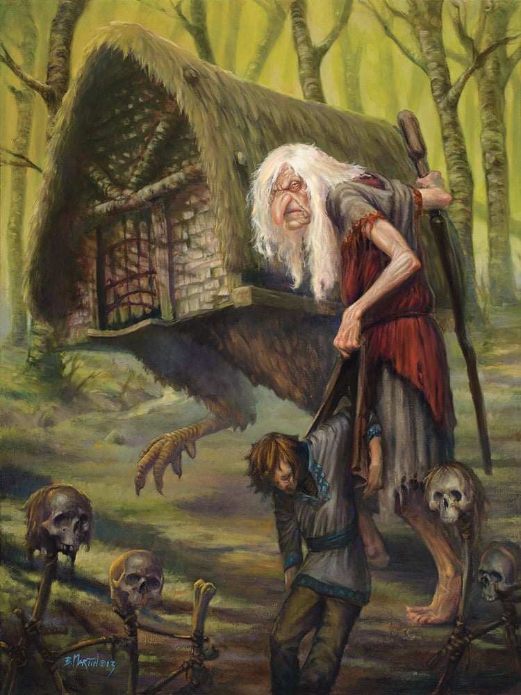 An illustration depicting Baba Yaga the evil witch from Slavic mythology. She is dragging a child into her home - a hut on chicken legs, surrounded by skulls on pikes.