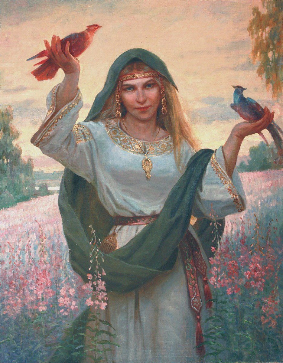 A painting of a woman in a field of flowers, she is wearing a head scarf, she has two birds in her hands, one bird is red the other blue.
