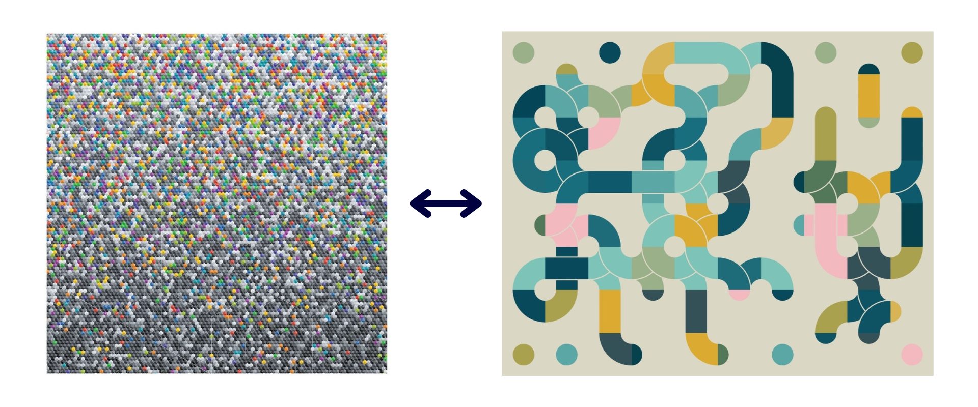A diagram containing two images connected by double arrows. First image is composed of multi-colored dots. Second image is composed of intertwining multi-colored lines.