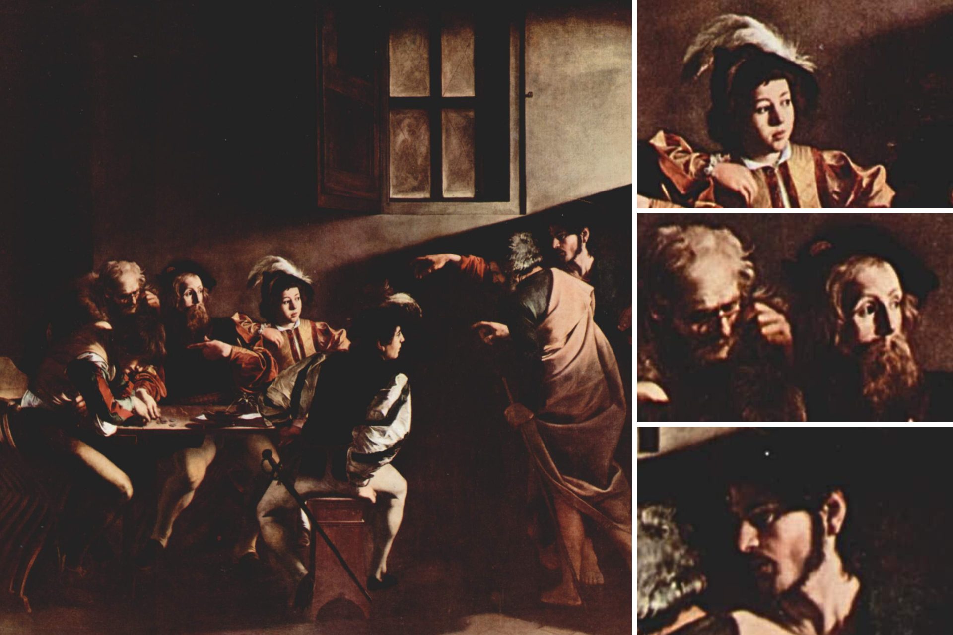 In the painting by Caravaggio, Matthew the tax collector is seated at a table, accompanied by four other men. Jesus Christ and Saint Peter make their entrance into the room, with Jesus gesturing towards Matthew. A beam of light shines upon the faces of those at the table, whose gazes are directed at Jesus Christ.