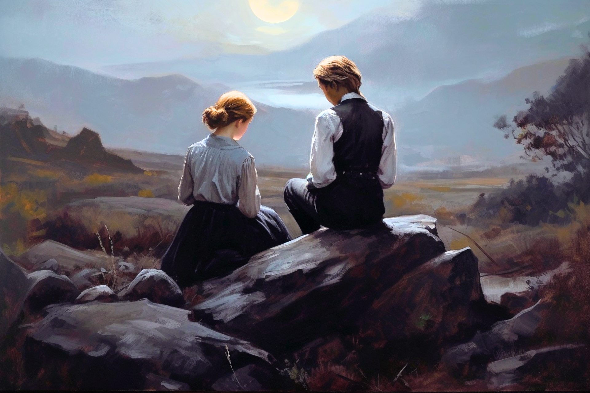 An illustration of adult twin brother and sister, sitting on a rock in the nature, facing away from the viewer.