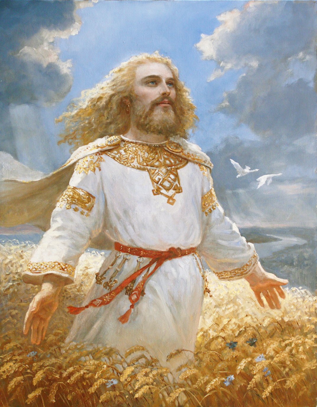 A painting of Dazhbog, a Slavic deity. He is depicted as a man with long blond hair, wearing a long white and gold tunic. He is standing in the middle of a wheat field.