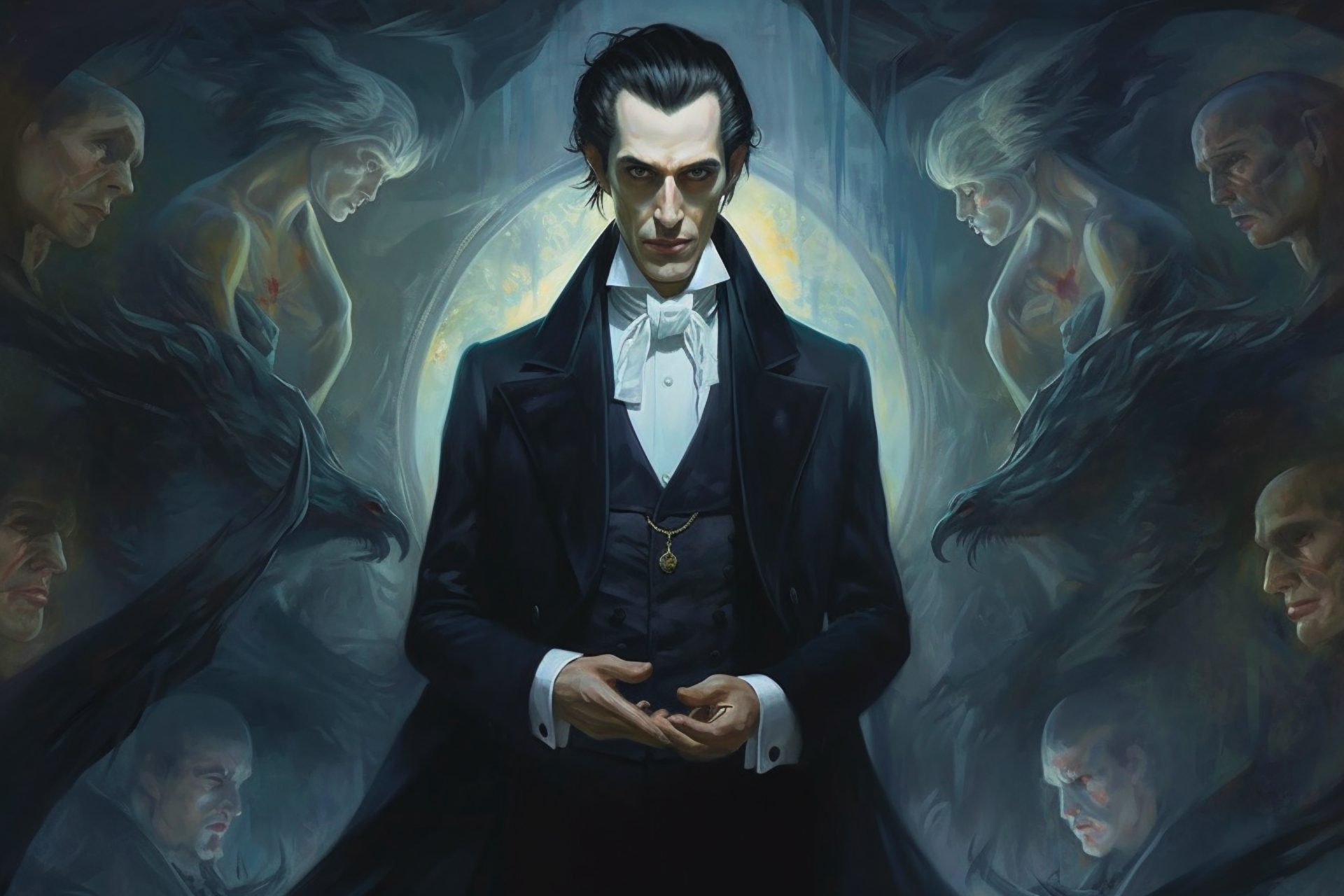 An illustration representing Count Dracula, wearing a white shirt and a back suit and cape. He is surrounded by male and female enthralled individuals.