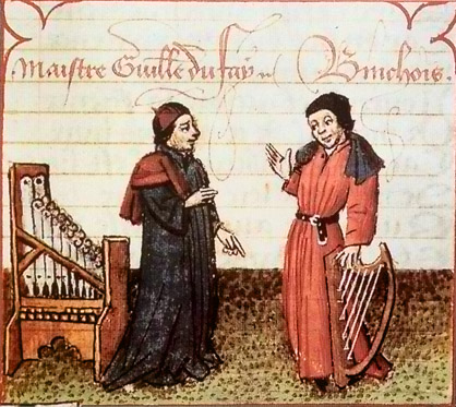 An illustration of Guillaume Dufay and Gilles Binchois talking.