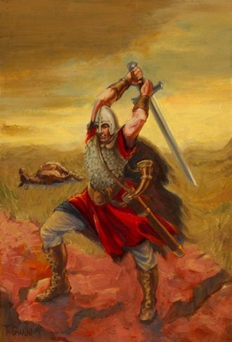 Roland in armor, wearing a red cape, is swinging his sword over his head.