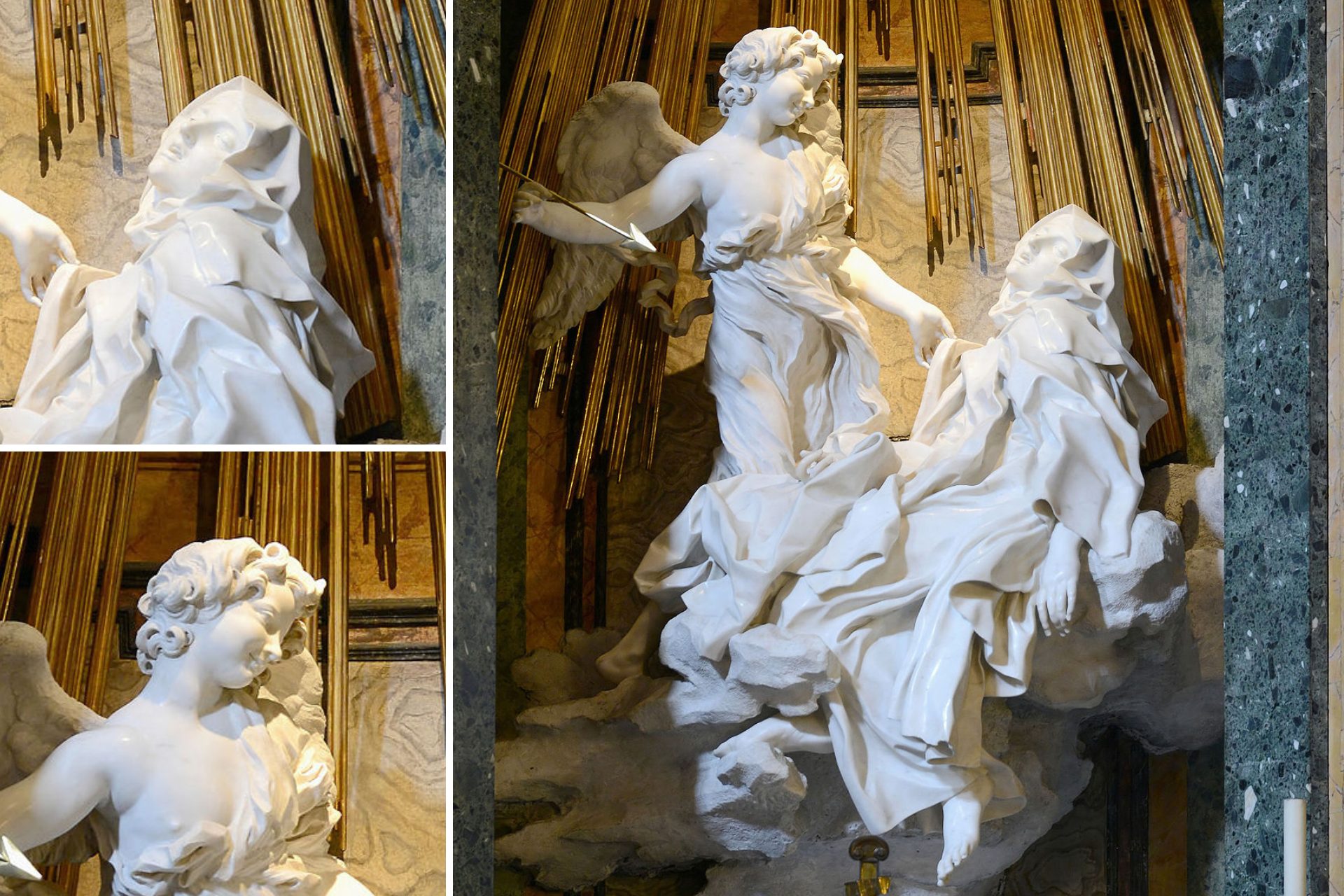 A photograph of the sculpture that depicts Teresa of Ávila, a Spanish Carmelite nun and saint, swooning in a state of religious ecstasy, while an angel holding a spear stands over her.