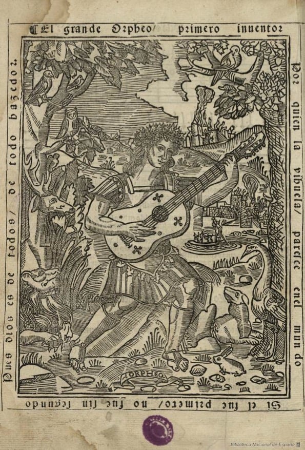The preface illustration of a Spanish music book, depicting a musician playing a guitar-shaped vihuela instrument, under a tree.