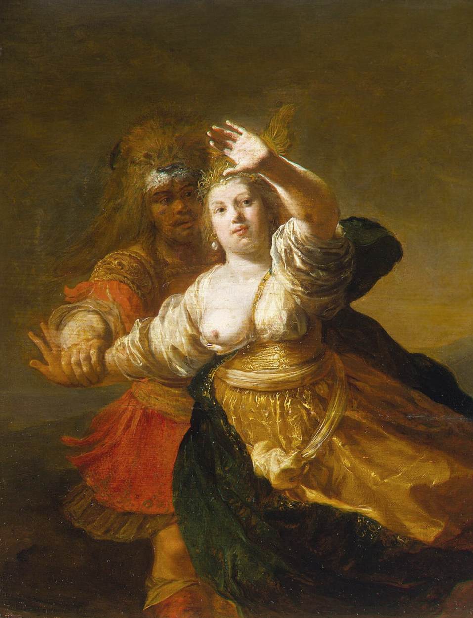 A painting of Hercules pulling back Hippolyta's arm