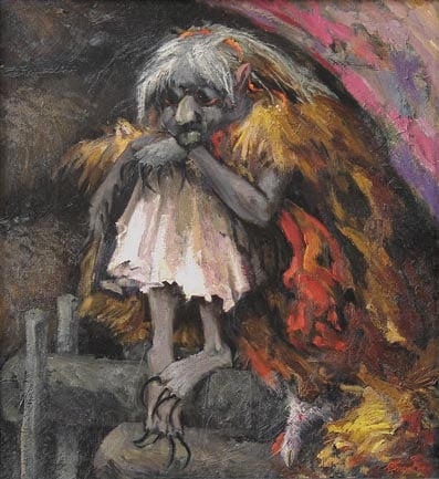 A painting of Kikimora with long claws, sitting in a hovel