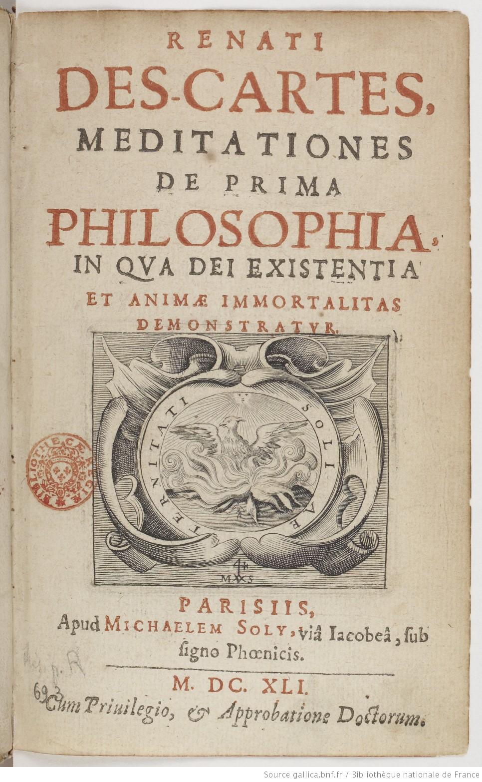 Original title page for the first Latin edition (1641) of the Meditationes de prima philosophiaby René Descartes