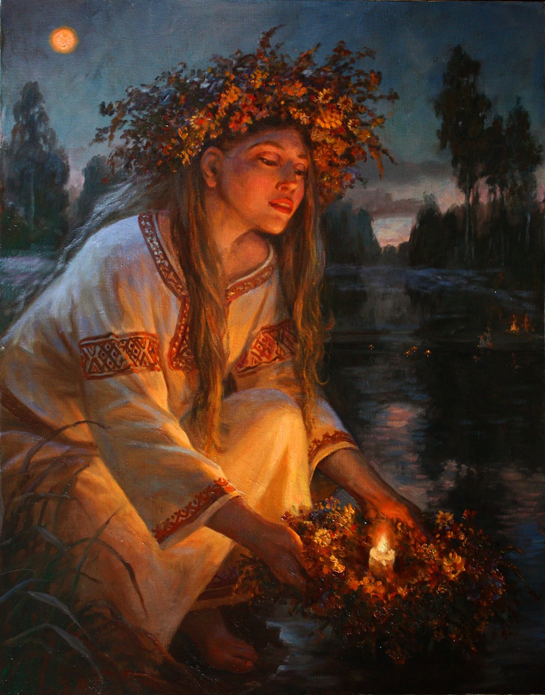 A painting of a Kupala night ritual. A young woman in a flower headdress is crouching next to a river. She is floating a candle in a bed of flowers.