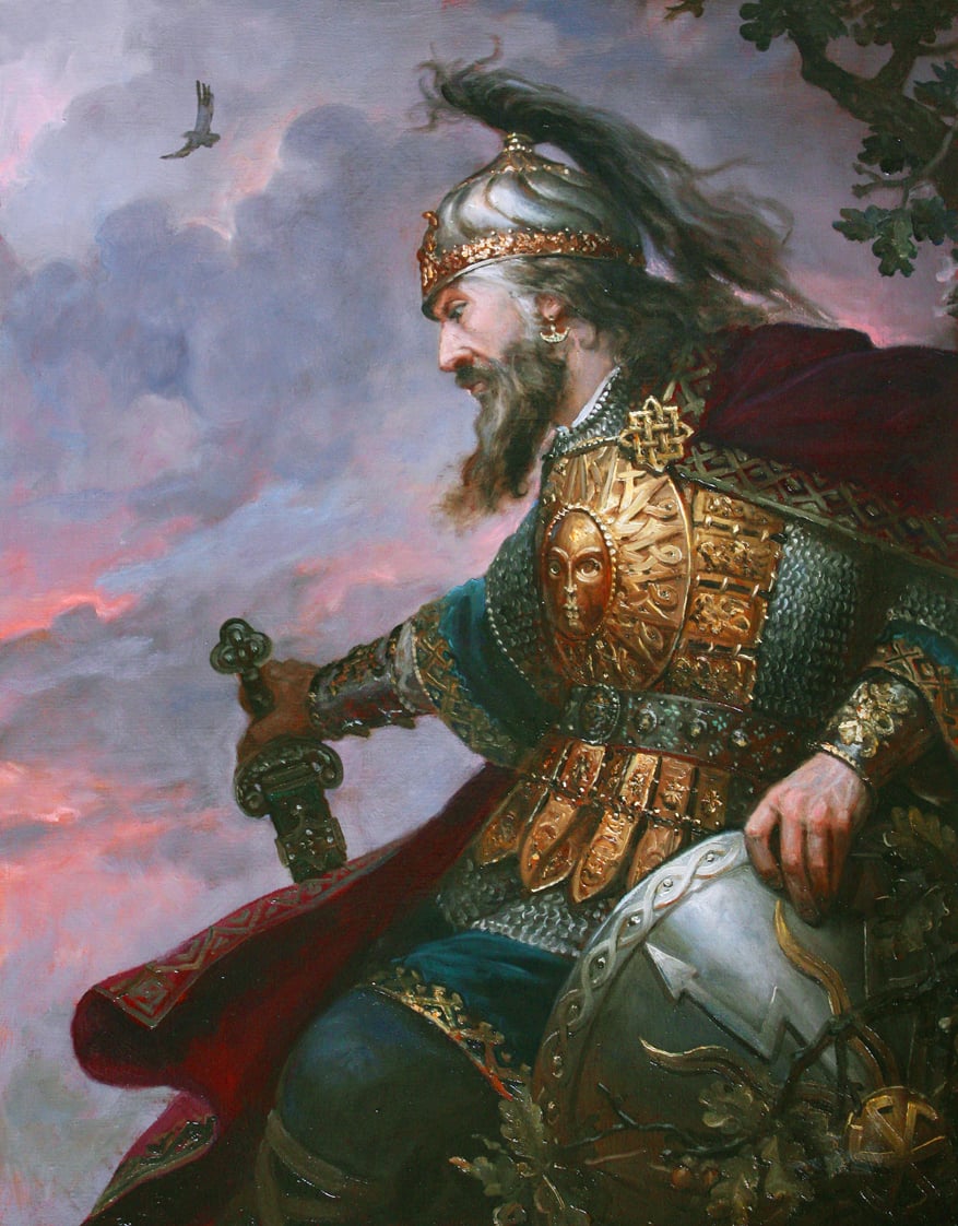 An painting of the Slavic god Perun, in battle armor, holding a shield and sword.