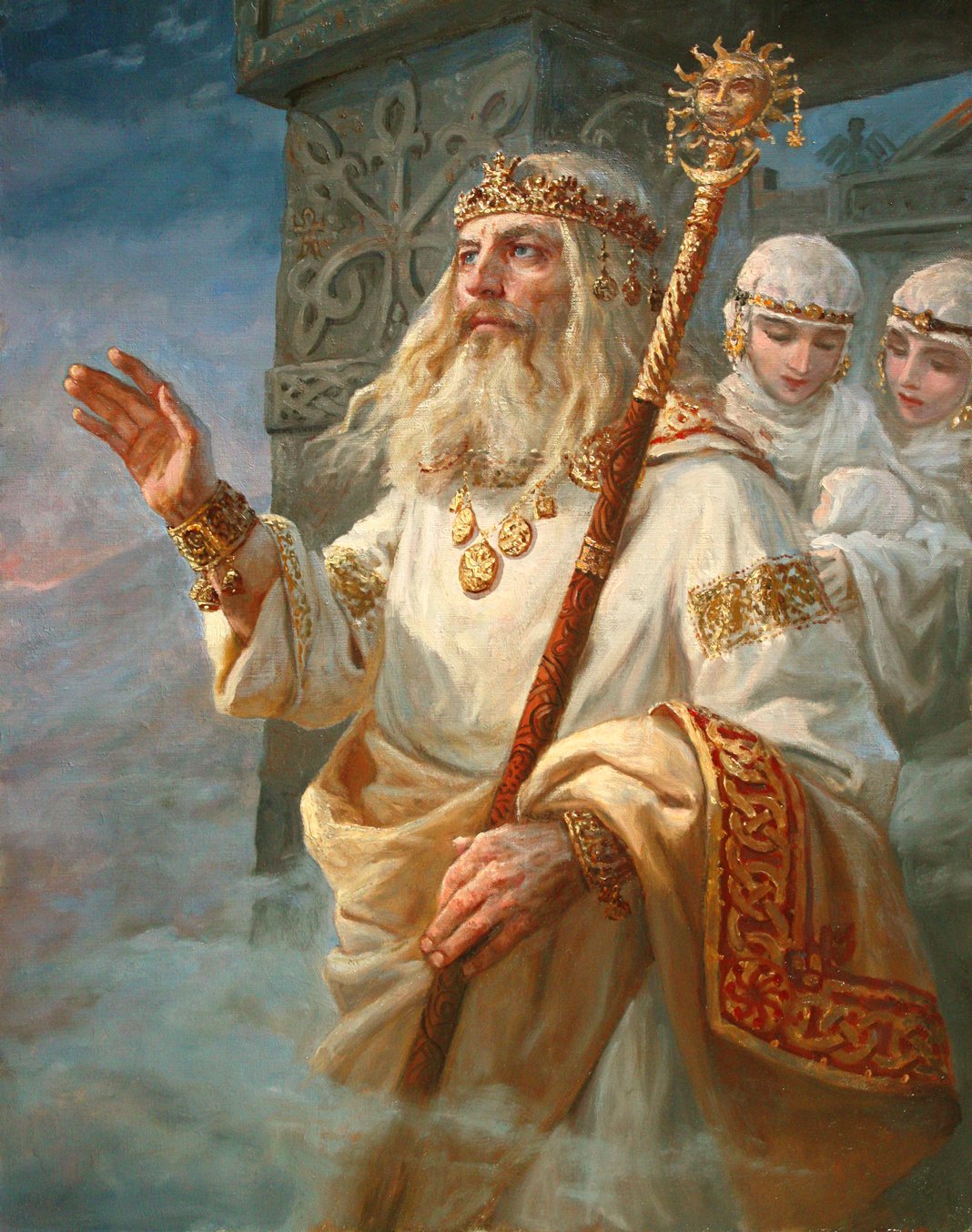 A painting depicting the Slavic deity Rod with a sun staff in his hand. He is wearing a golden crown. There are two women with a baby behind him.