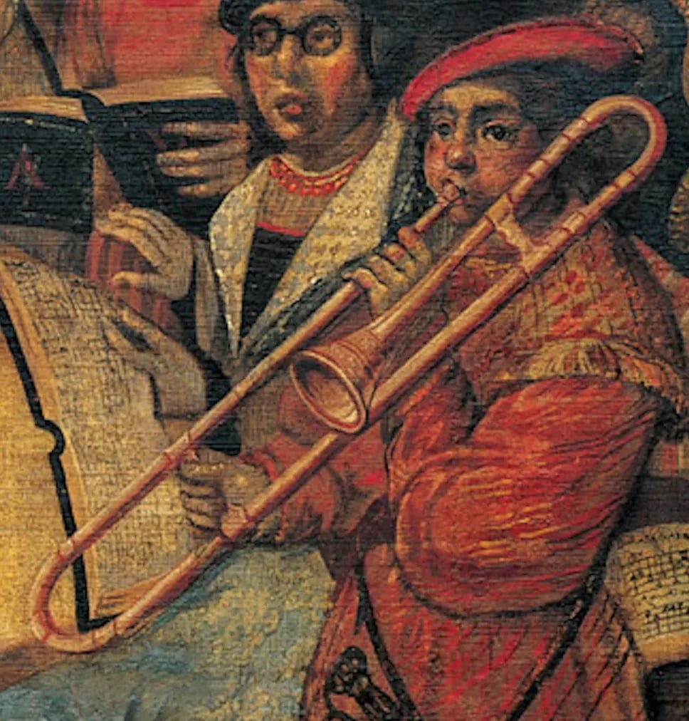A painting of a sackbut being played.