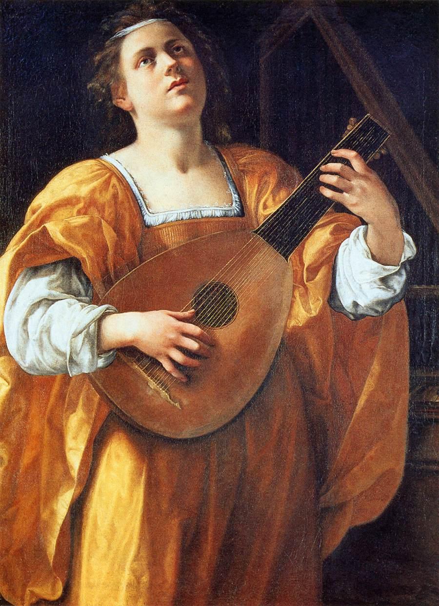 A painting of a woman in a yellow dress playing a lute and gazing upwards.