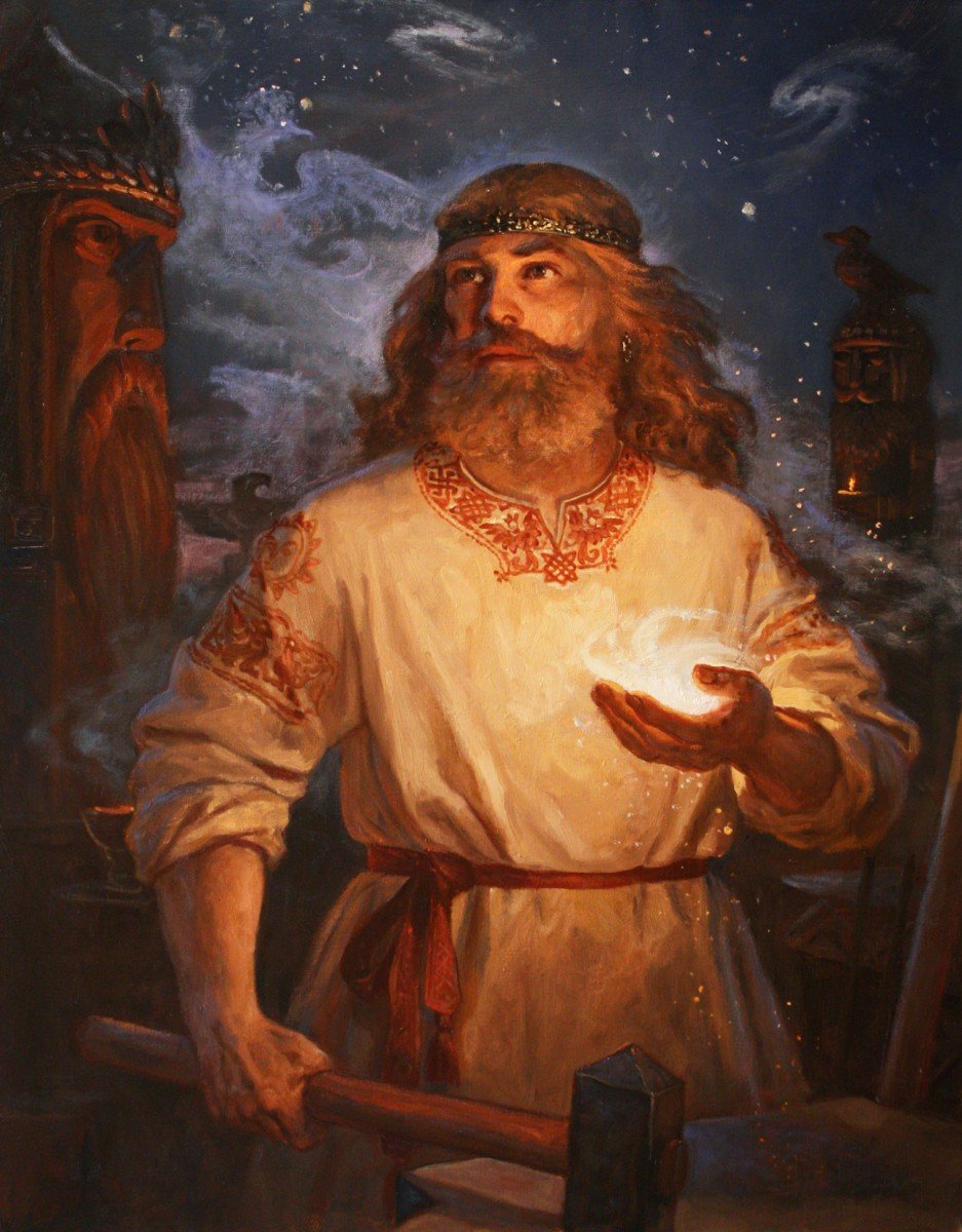 A painting of the Slavic god Svarog. It is nighttime. Svarog is holding a fire ball and a large hammer. he is surrounded by wooden pagan idols.