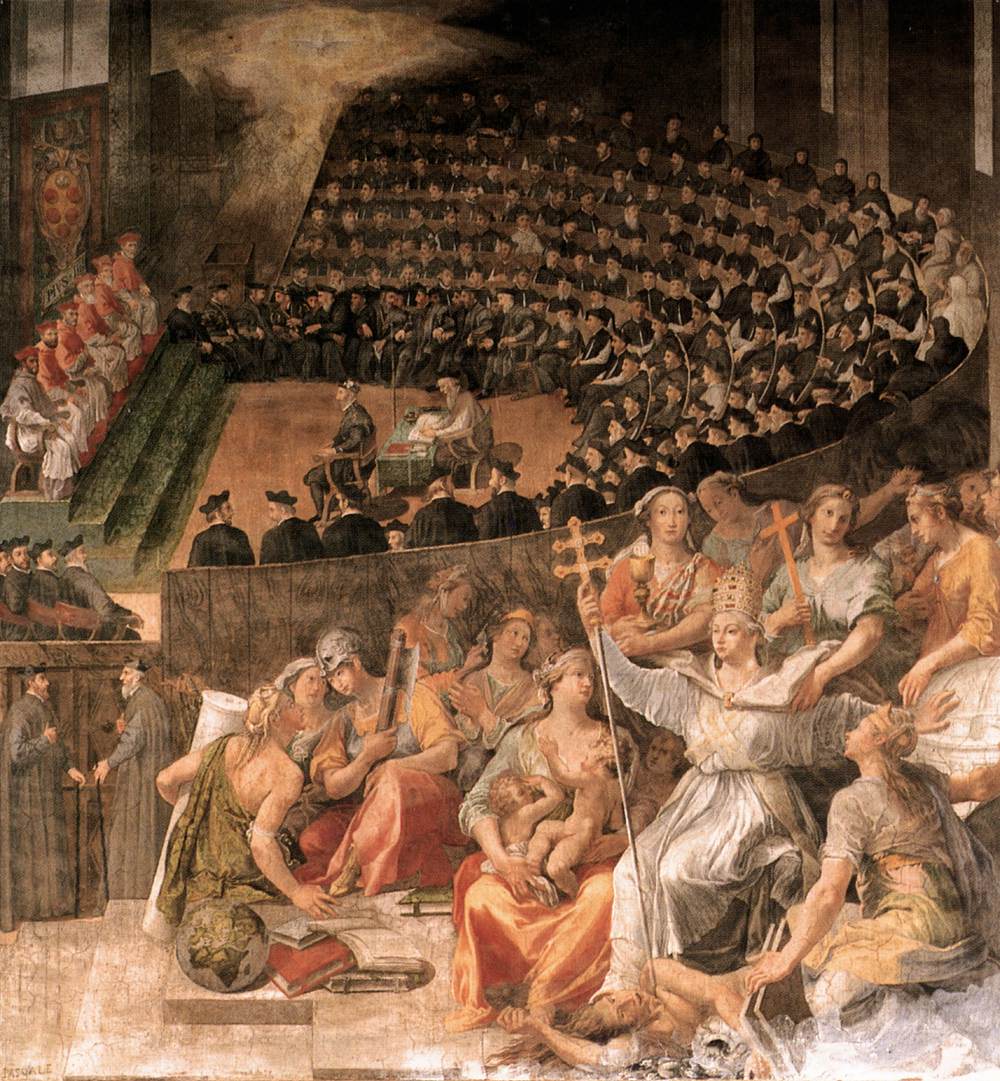 A painting by Pasquale Cati depicting the council of Trent. A group of women is the focus of the painting, with one woman appears to be a religious leader holding a large cross. In the background, dozens of men siting in a crescent shaped auditorium with a council of six bishops on stage.