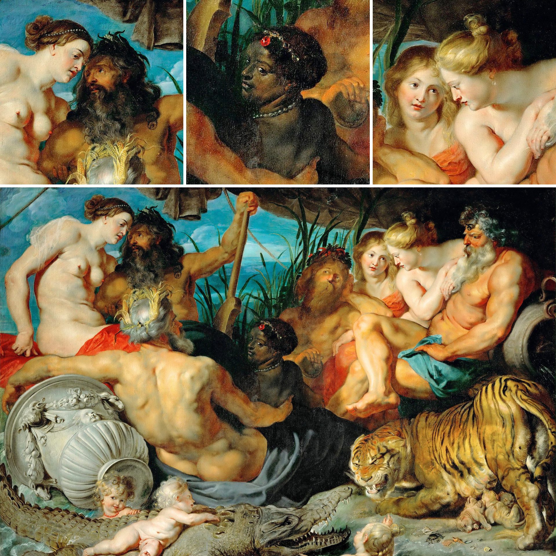 Peter Paul Rubens's painting, The Four Continents, artistically represents the continents of Europe, Asia, Africa, and America as alluring women, posing nude alongside male personifications of their prominent rivers including the Danube, Ganges, Nile, and Río de la Plata.