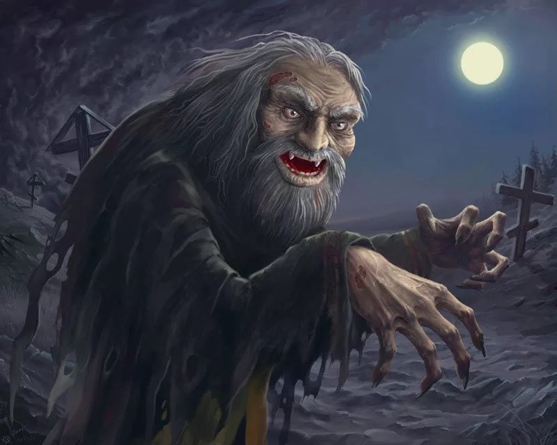 An illustration of a vampire-like creature at night in a graveyard. The creature has large claws and sharp fangs.