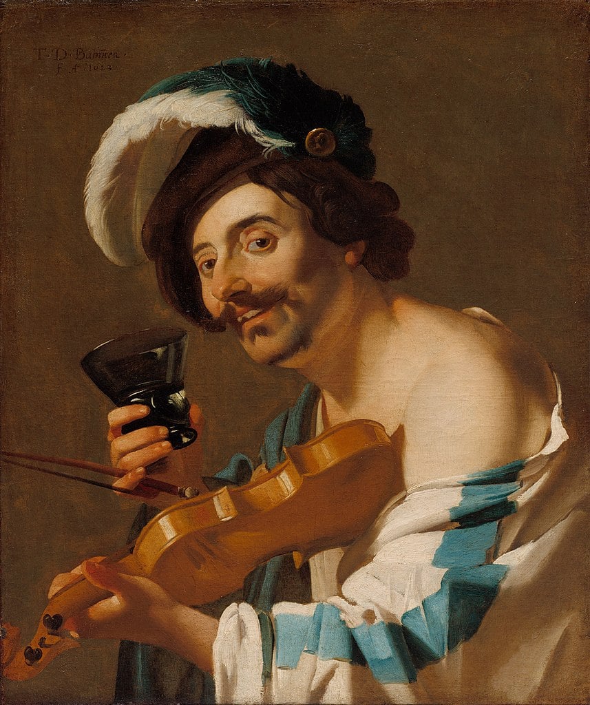 A painting of a musician holding a violin in one hand and a wine glass in the other.