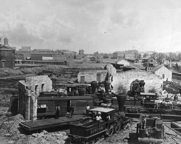 A photograph of the ruins of the Georgia Railroad roundhouse taken in 1867