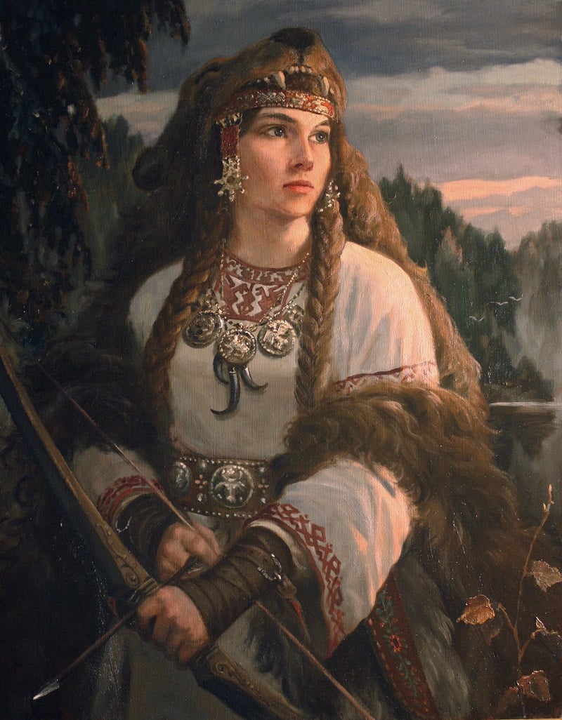 A painting of the Slavic goddess Devana, wearing a bear fur and holding a bow and arrow.