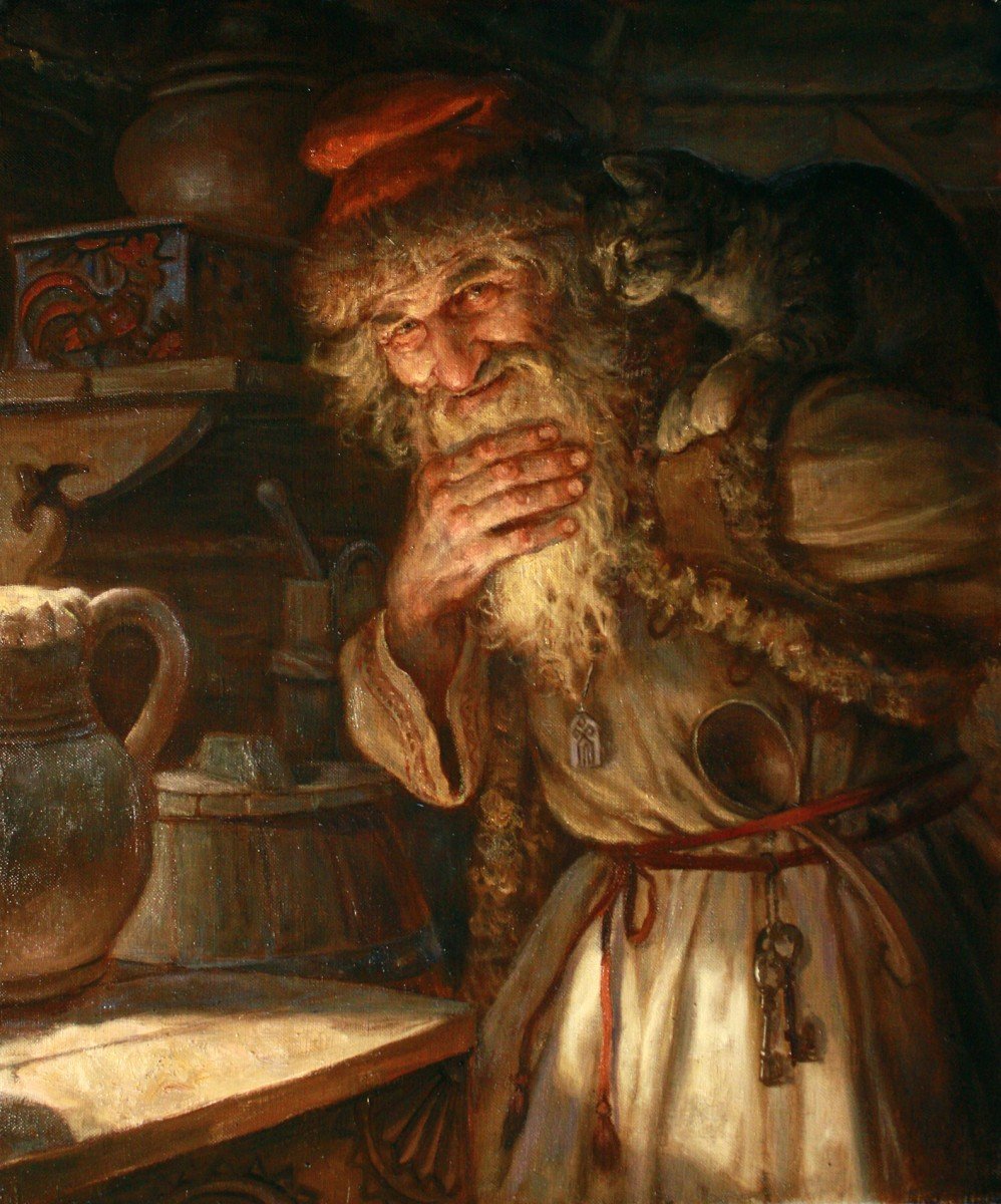 A painting of Domovoi, an old mystical-looking short man with a beard and cat on his shoulder, inside a dark hovel.