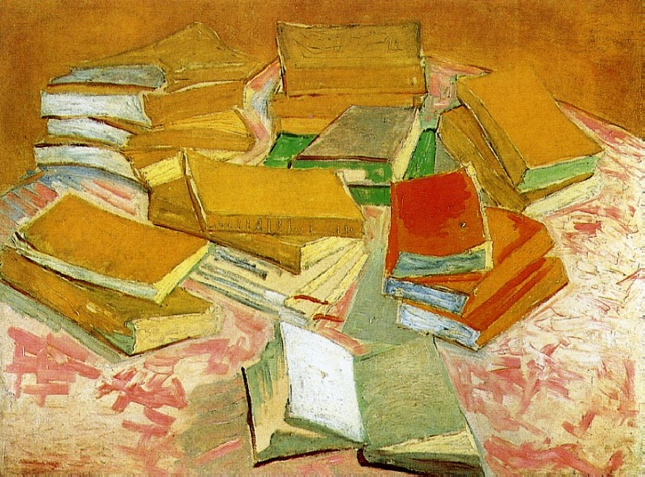 A painting of a pile of books.