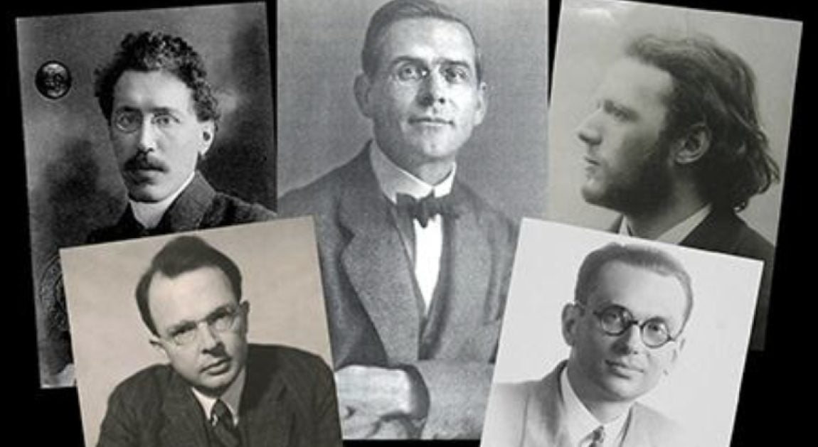 A collage of five photos of the Vienna Circle members -  a group of elite philosophers and scientists.